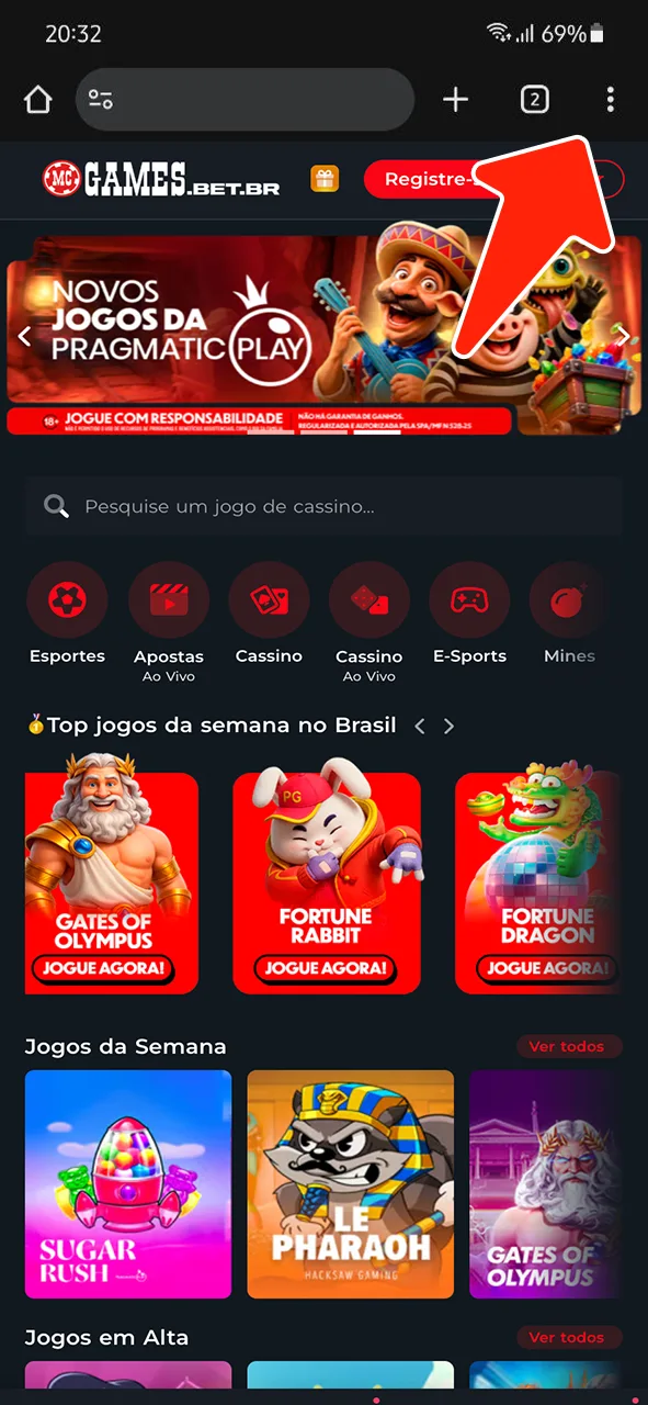 Toque no menu baixar para Android PWA e instale o aplicativo do MC Games em segundos.