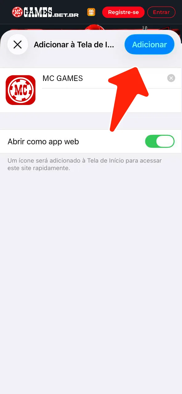 Confirme a adição para baixar a aplicação iOS e garanta acesso rápido ao MC Games.