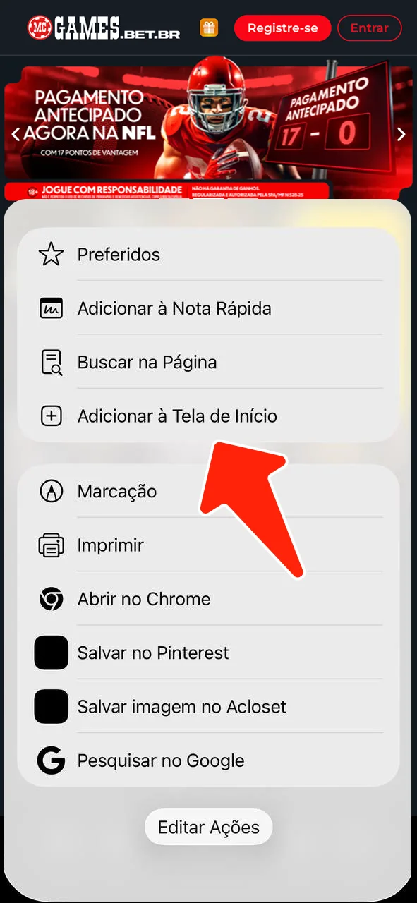 Selecione adicionar à tela de Início para baixar a aplicação iOS e tenha o MC Games sempre à mão.