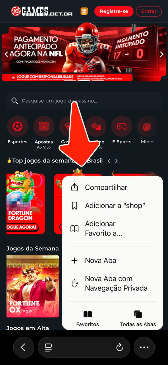 Toque no botão compartilhar para baixar a aplicação iOS e adicione o MC Games à sua tela.