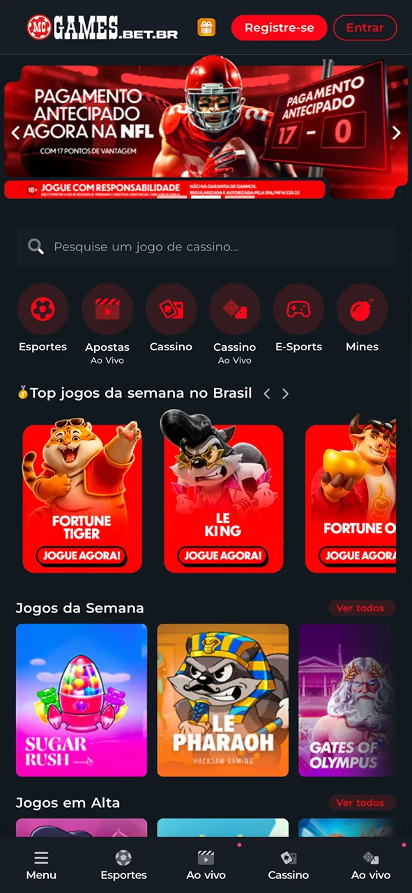 Explore a interface página inicial e encontre rapidamente seu jogo favorito no MC Games.