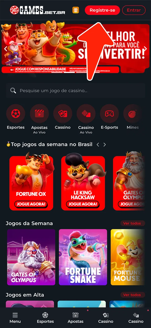 Clique em cadastrar e comece seu registro para ganhar no MC Games.