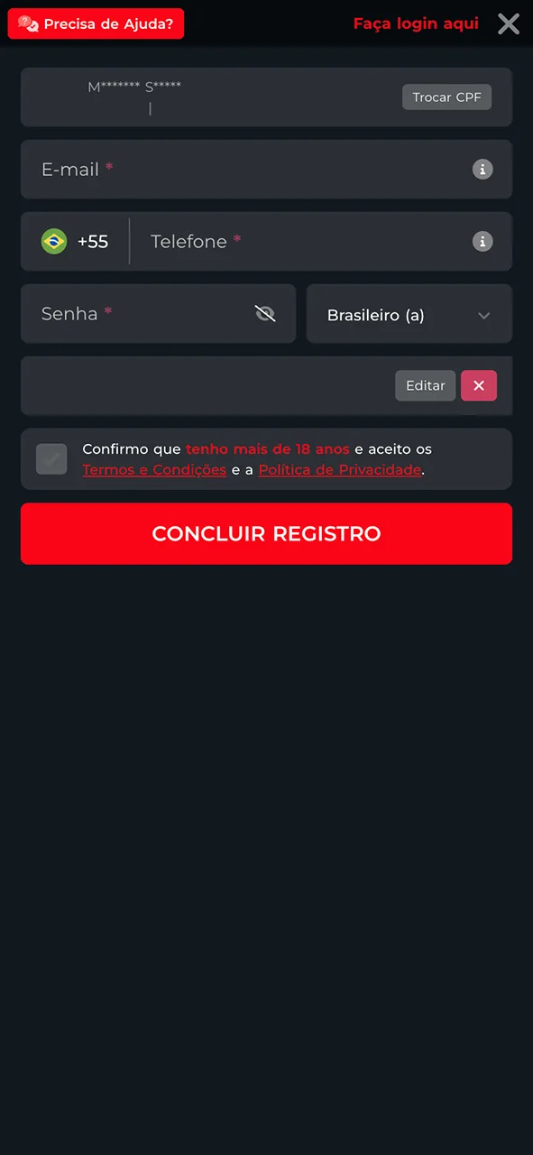 Escolha o método cadastro preferido e finalize seu registro no MC Games.