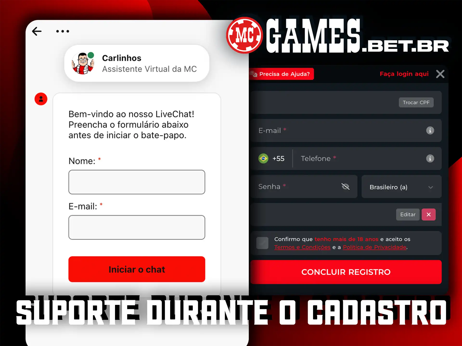 Obtenha suporte durante o cadastro e verificação para resolver suas dúvidas no MC Games.